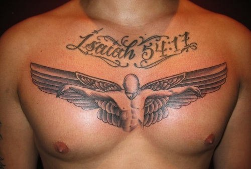 Unique Memorial Grey Ink Angel Chest Tattoo